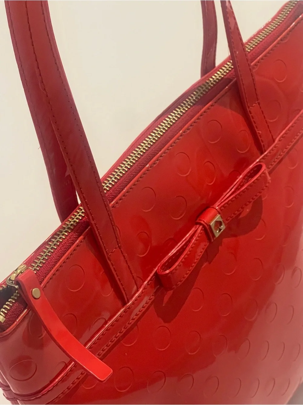 Kate Spade Camelia St.Jeralyn Red Patent Polka Dot Tote Bag with Bow Accent